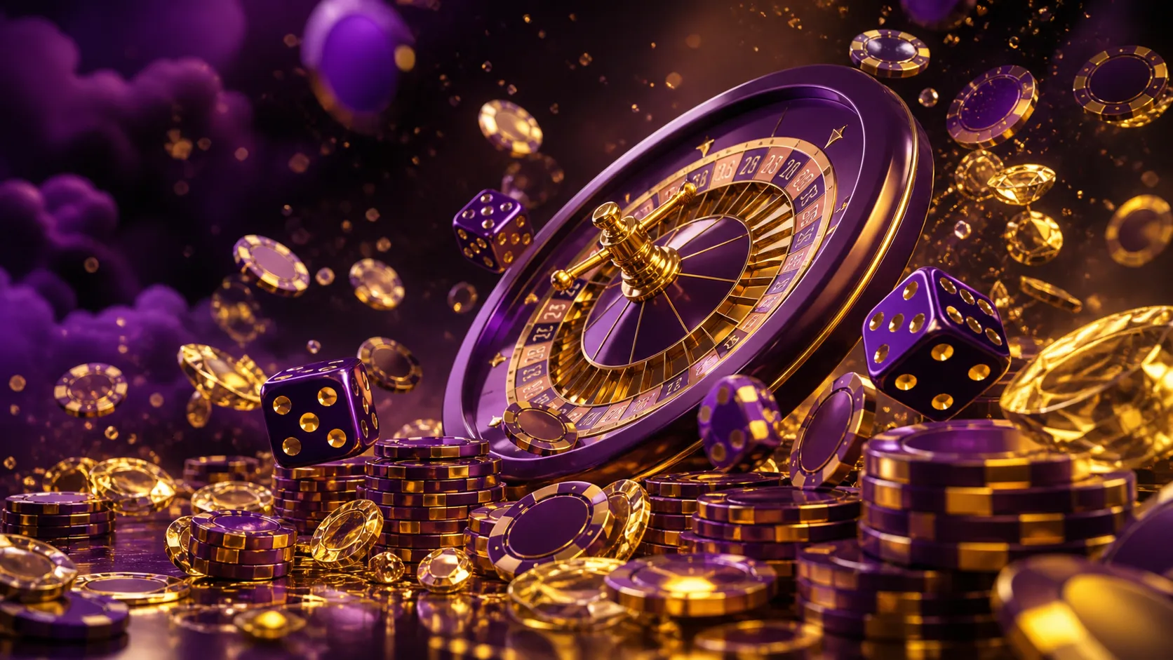 Futuristic holographic casino scene with glowing poker chips and roulette wheel, set in a luxury high-end style.