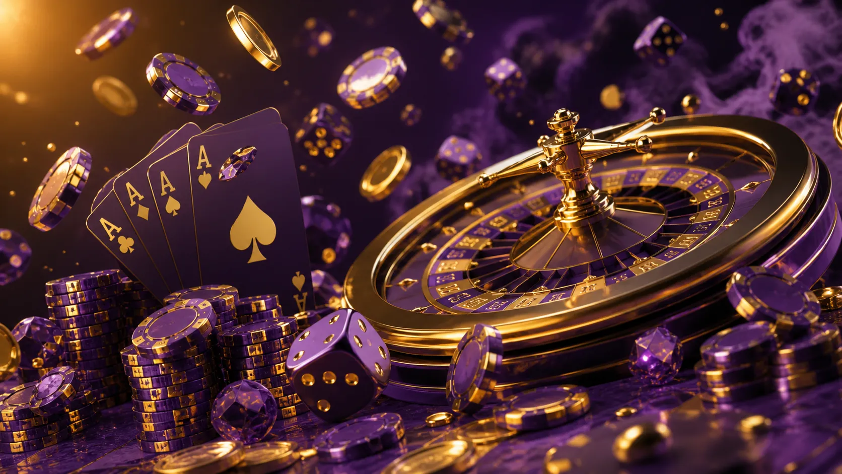 Luxurious hero banner for Luckydino's online casino, featuring styled poker chips and neon roulette.